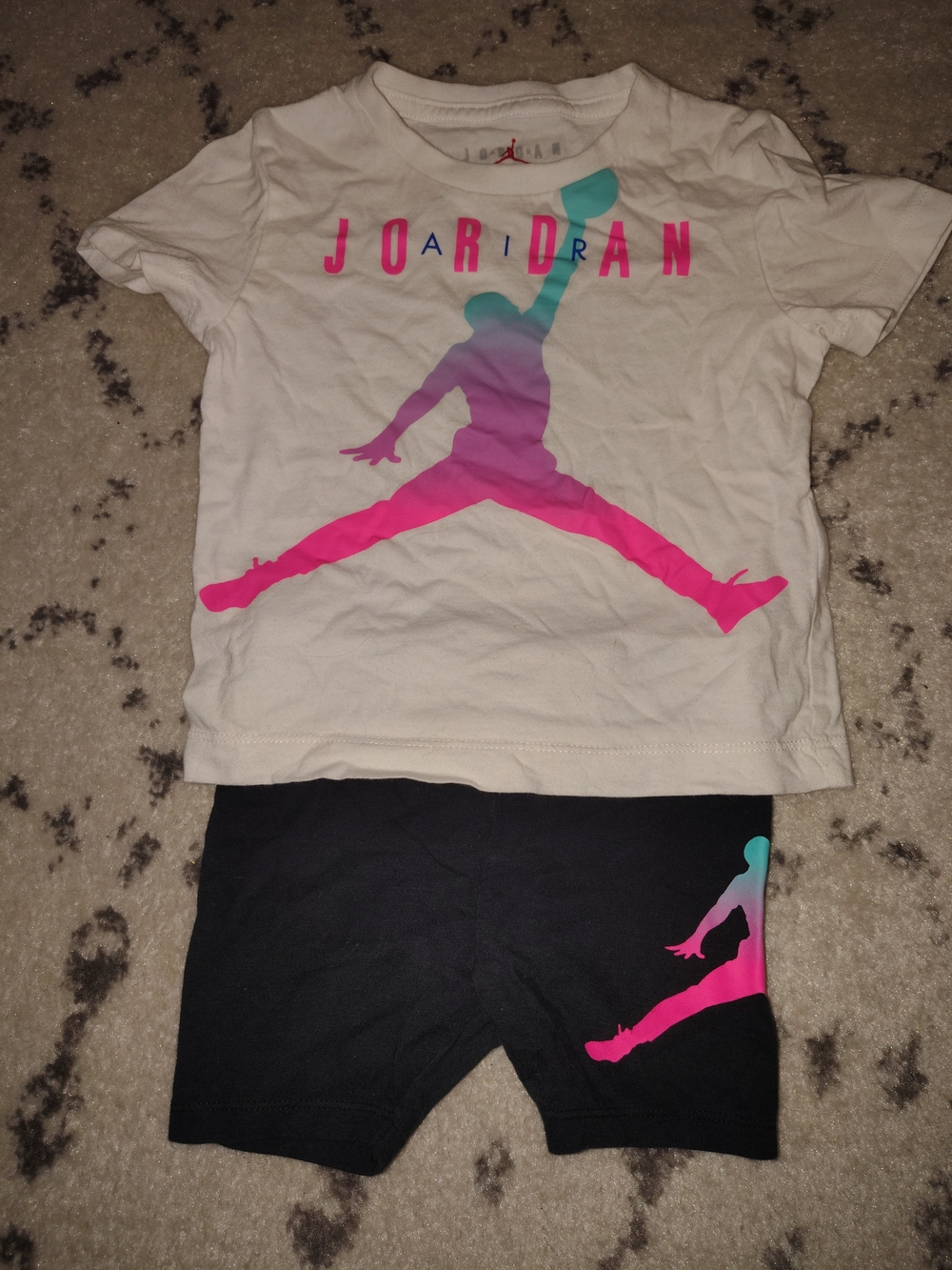 Jordan White Tee and Black Shorts with Pink and Teal Jumpman